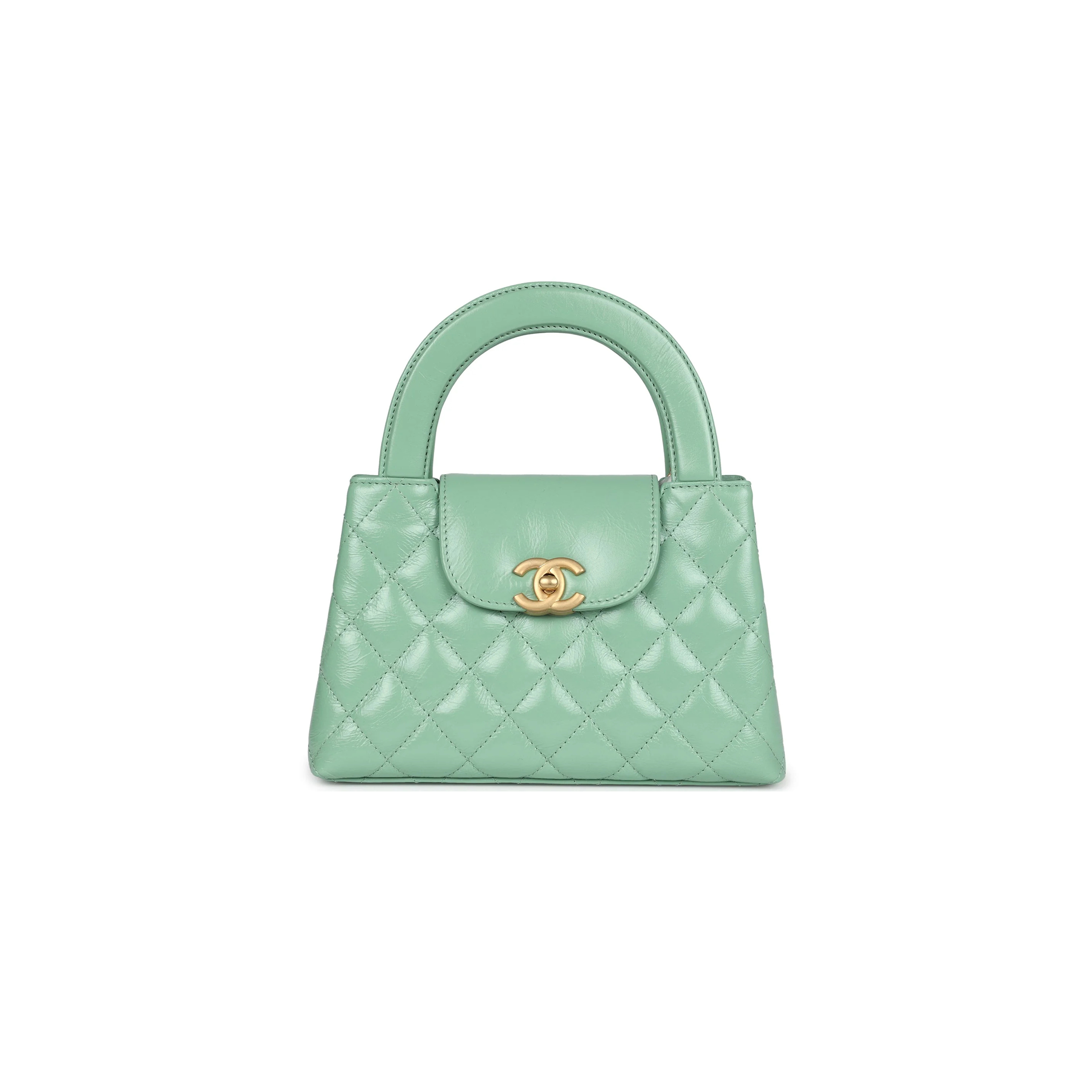 Ch*el kelly shopper light green shiny calfskin brushed gold hardware as4416 (19*13*7cm)